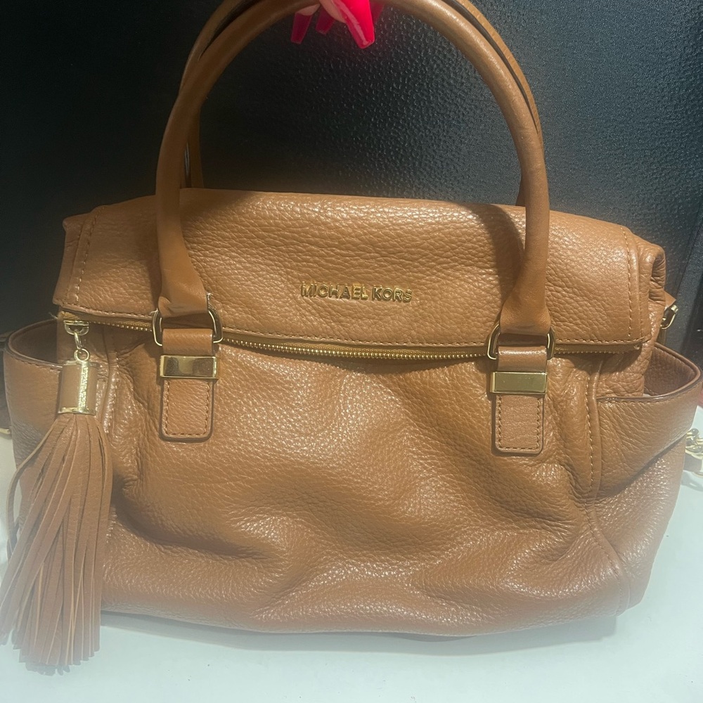 Michael Kors Cognac Pebbled Leather Fold Over Satchel with Tassel